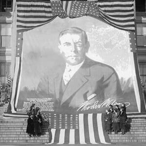 Huge Woodrow Wilson Painting on Fabric Draped in Front of Government Building - Art Print