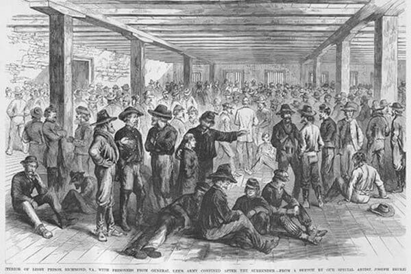 Interior of Libby Prison with Confederates from Lee's Army Imprisoned by Frank Leslie - Art Print