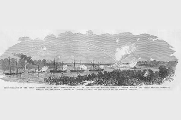 Ironclad Monitor 'Montauk' on Ogeechee River in reconnaissance by Frank Leslie - Art Print