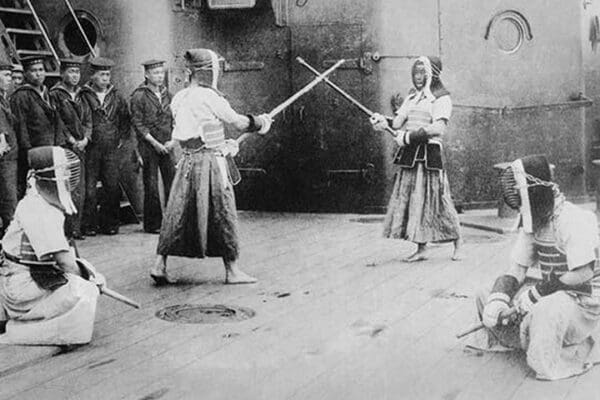 Japanese Sailors Fencing on Board Ship - Art Print