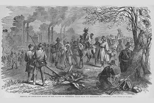 Jefferson Davis's slaves arrive at Chickasaw Bayou after escaping by Frank Leslie - Art Print