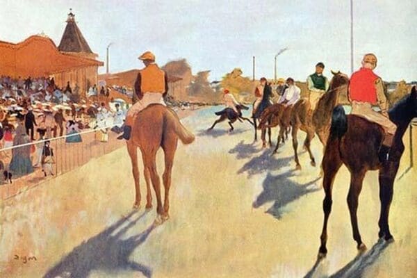 Jockeys in front of the grandstand by Edward Degas - Art Print