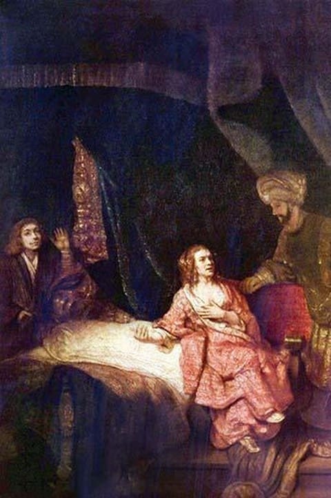 Joseph is accused by Potiphars woman by Rembrandt Van Rijn - Art Print