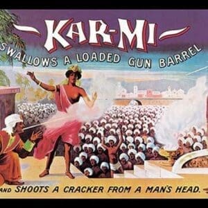 Kar-Mi Swallows a Loaded Gun Barrel and Shoots a Cracker from a Man's Head by Joseph B. Hallworth - Art Print