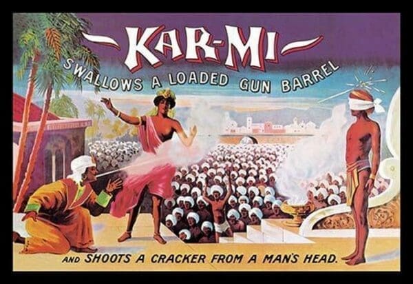 Kar-Mi Swallows a Loaded Gun Barrel and Shoots a Cracker from a Man's Head by Joseph B. Hallworth - Art Print