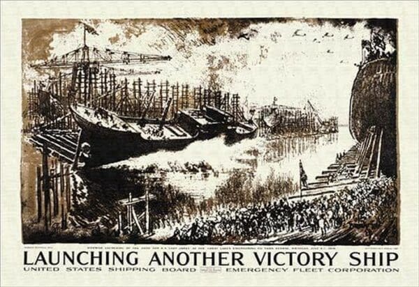 Launching Another Victory Ship by Joseph Pennell - Art Print