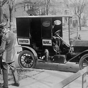 Mailman at Post Box with his truck parked at the curb - Art Print