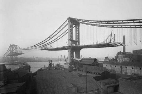 Manhattan Suspension Bridge under Construction as viewed from Brooklyn - Art Print