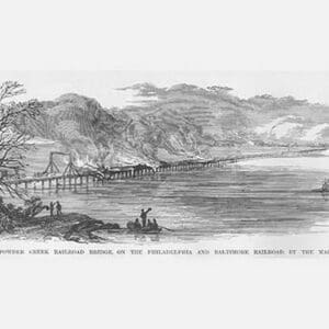 Maryland Secessionists Burn the B&O Railroad Bridge over Gunpowder Creek by Frank Leslie - Art Print