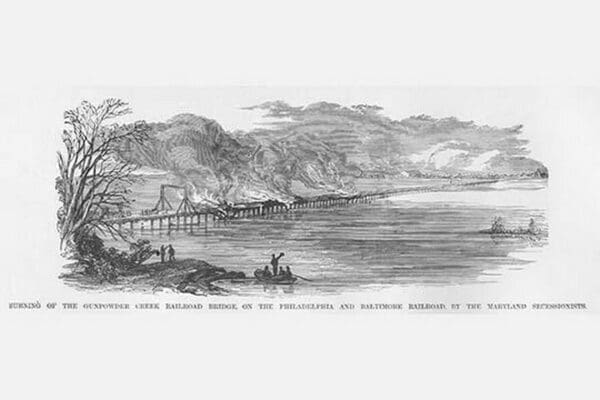 Maryland Secessionists Burn the B&O Railroad Bridge over Gunpowder Creek by Frank Leslie - Art Print