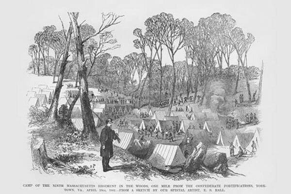 Massachusetts Regiment encamped near Yorktown by Frank Leslie - Art Print