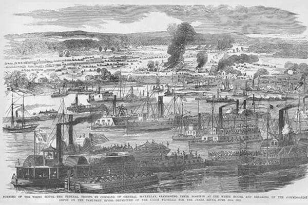 McClellan burns the White House on the Pamunkey River as the Federal Flotilla departs. by Frank Leslie - Art Print