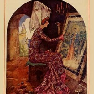 Medieval Girl sews a tapestry by Needlecraft Magazine #2 - Art Print