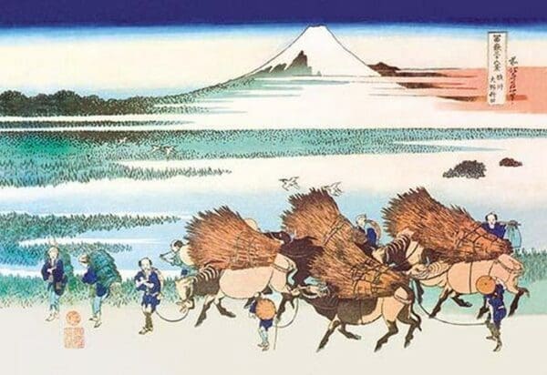 Merchants Travel to Market in View of Mount Fuji by Hokusai - Art Print