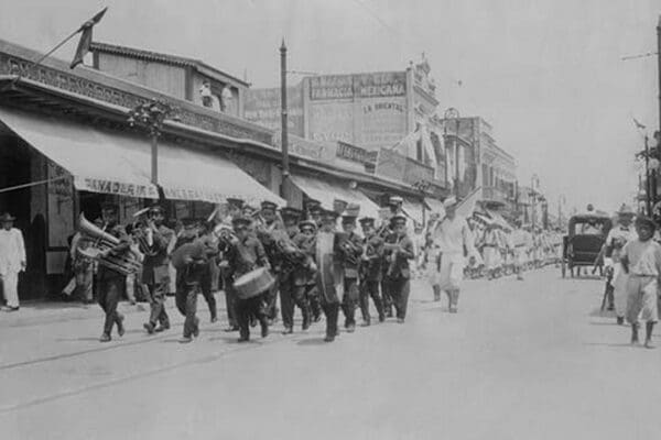 Mexican Band Plays Instruments in front of Marching Columns of U.S. Navy Sailors - Art Print