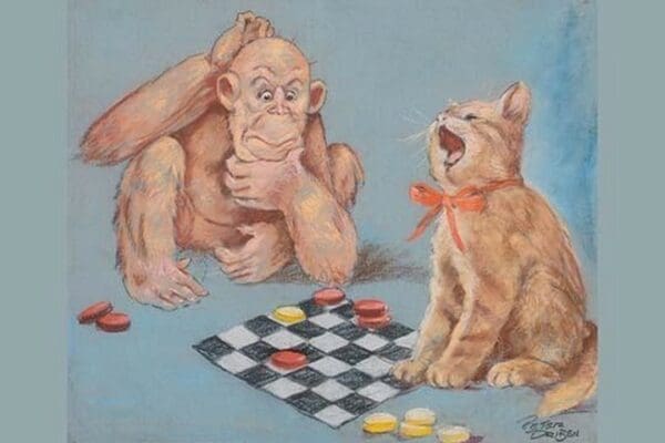 Monkey and Cat Playing Checkers by Peter Driben - Art Print