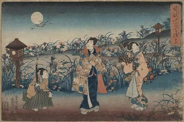 Moonlight Meeting of two Women and a man by Uragawa Toyokuni - Art Print