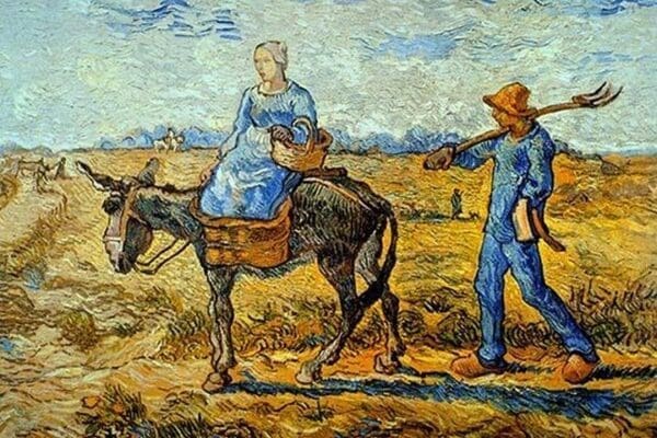 Morning with farmer and pitchfork; his wife riding a donkey and carrying a basket by Vincent van Gogh - Art Print