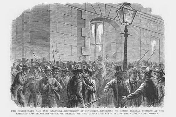 Mustering of Citizens at Railroad & Telegraph Office after Hearing about Morgan's Raid by Frank Leslie - Art Print