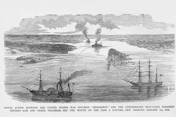 Naval Combat between War Steamer Mississippi & Confederate Iron cased Battery Ram by Frank Leslie - Art Print