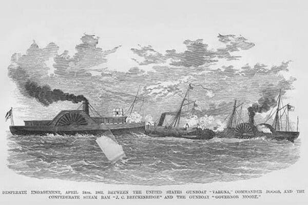 Naval engagement between the Confederate Steam Ram & US Gunboat Varuna & USS Governor Moore by Frank Leslie - Art Print