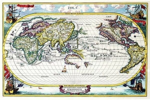 Navigationes Precipae Europorum ad Exteras Nationes; Navigational Map of the World by Heinrich Scherer - Art Print