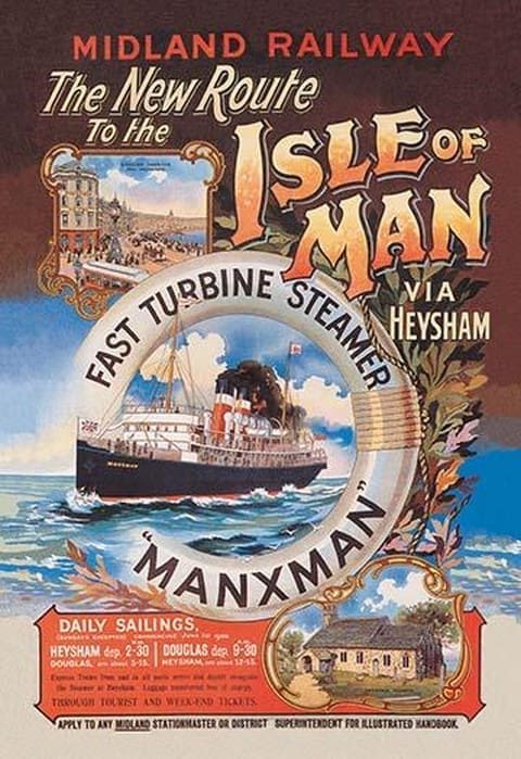 New Route to the Isle of Man via Heysham on the Fast Turbine Steamer Manxman by Herbert Steventon - Art Print