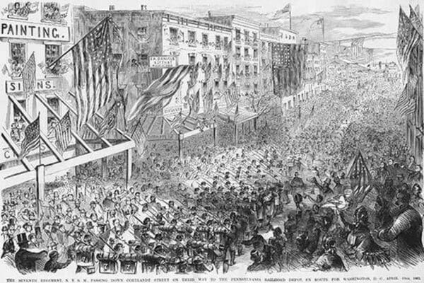 New York Regiment Marches in Manhattan by Frank Leslie - Art Print