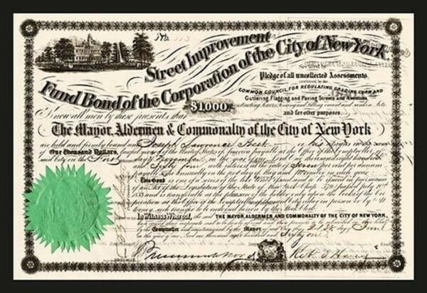 New York Street Improvement Fund Bond - Art Print