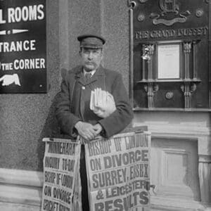 Newspaper salesman in front of Buffet Restaurant in Central London advertises News Headlines - Art Print