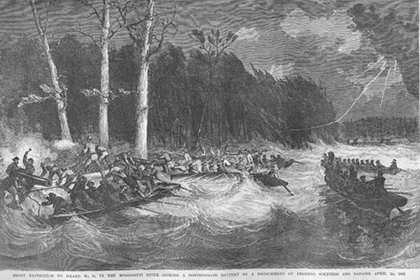 Night operation - Union troops attack Island 0 via the River and spike Guns by Frank Leslie - Art Print