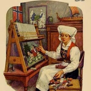 Norwegian girl Weaving A Tapestry by Needlecraft Magazine - Art Print