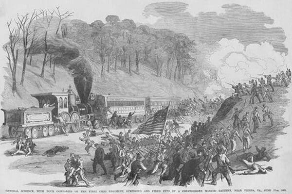 Ohio Regiment on train ambushed by Confederates in Vienna Virginal by Frank Leslie - Art Print