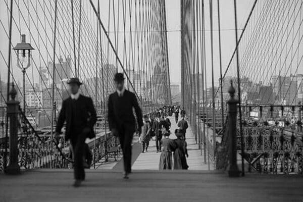 Pedestrians Cross the Brooklyn Bridge - Art Print