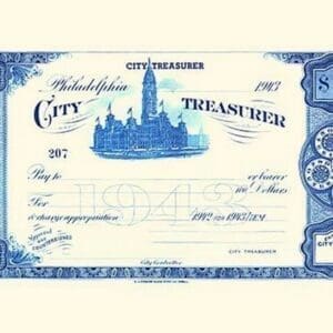 Philadelphia City Treasurer Cheque by E.A. Wright Bank Note Company - Art Print