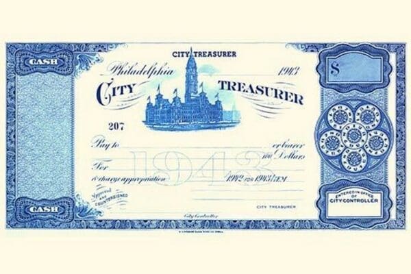 Philadelphia City Treasurer Cheque by E.A. Wright Bank Note Company - Art Print