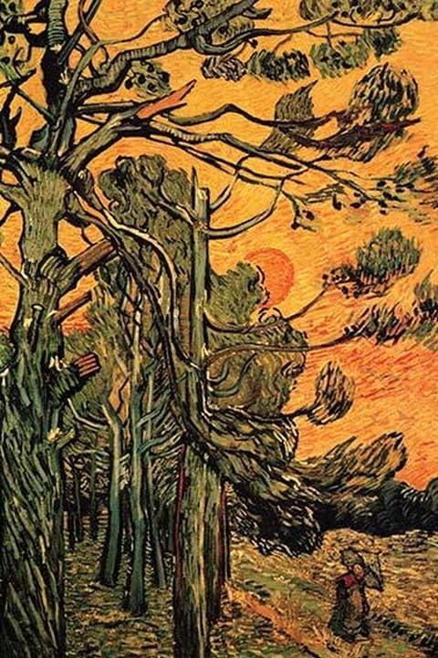 Pine Trees against a Red Sky with Setting Sun by Vincent van Gogh - Art Print