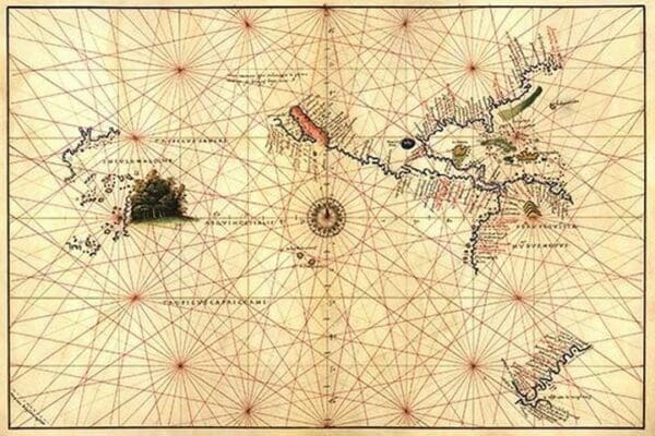 Portolan Map of the Western Hemisphere showing what will become the United States