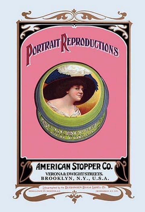 Portrait Reproductions on Tins by American Stopper Co. by Buedingen Box & Label Co. - Art Print