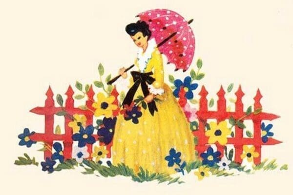 Pretty Maiden and Parasol along the Flower Fence - Art Print