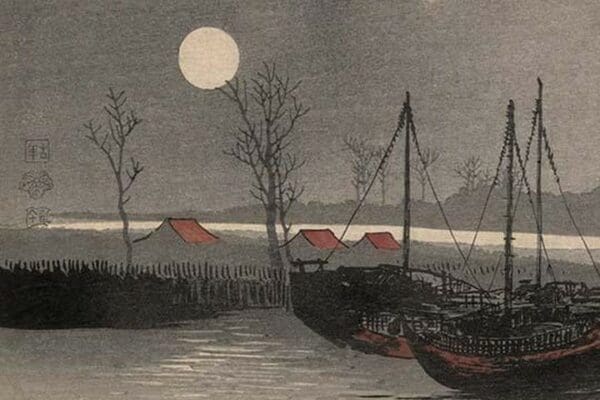 Sailboats moored under the moon. by Uehara Konen - Art Print