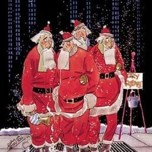 Salvation Army Santas Try to Keep Warm Standing on Sidewalk Grating - Art Print