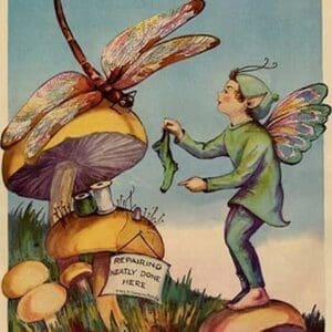 Sprite needs his socks darned by a dragonfly who is sitting on a mushroom by Home Arts #2 - Art Print