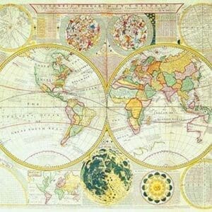 Stereographic Map of the Earth & the Moon by Samuel Dunn - Art Print