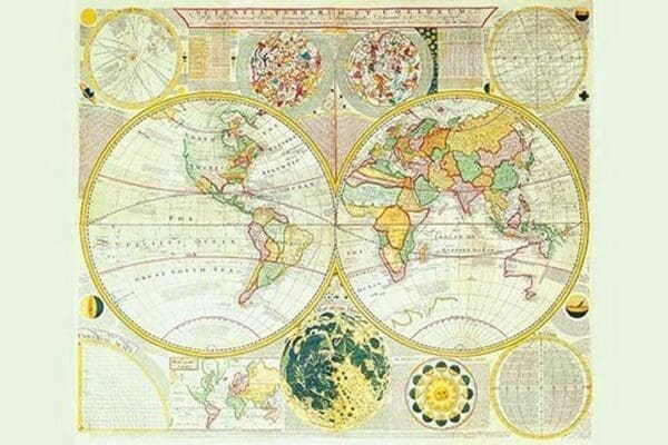 Stereographic Map of the Earth & the Moon by Samuel Dunn - Art Print