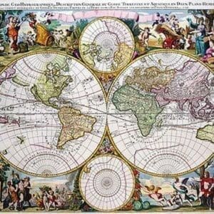 Stereographic Map of the World with Classical Illustration by Gerard Valk - Art Print