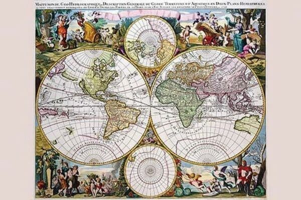 Stereographic Map of the World with Classical Illustration by Gerard Valk - Art Print