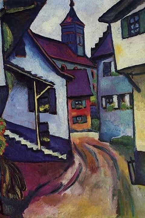 Street with a church in Kinder by August Macke - Art Print