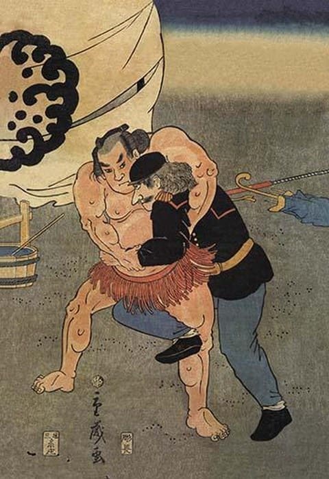 Sumo Wrestler Takes on a Foreigner - Art Print