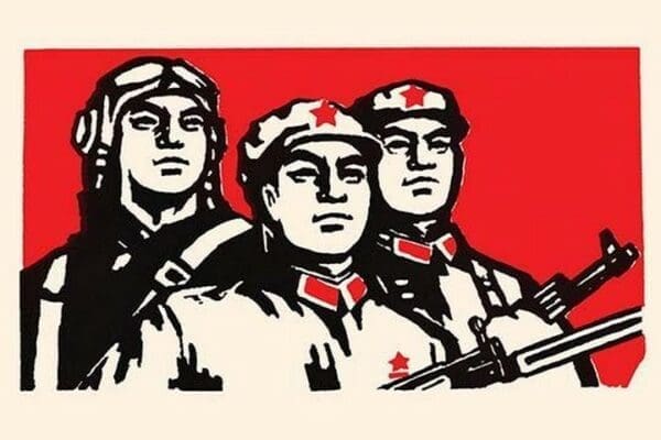 Three Proud Soldiers on Red by Chinese Government - Art Print